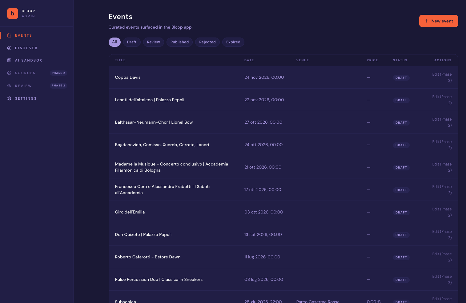 Bloop's web admin surface for curating the live events catalogue.