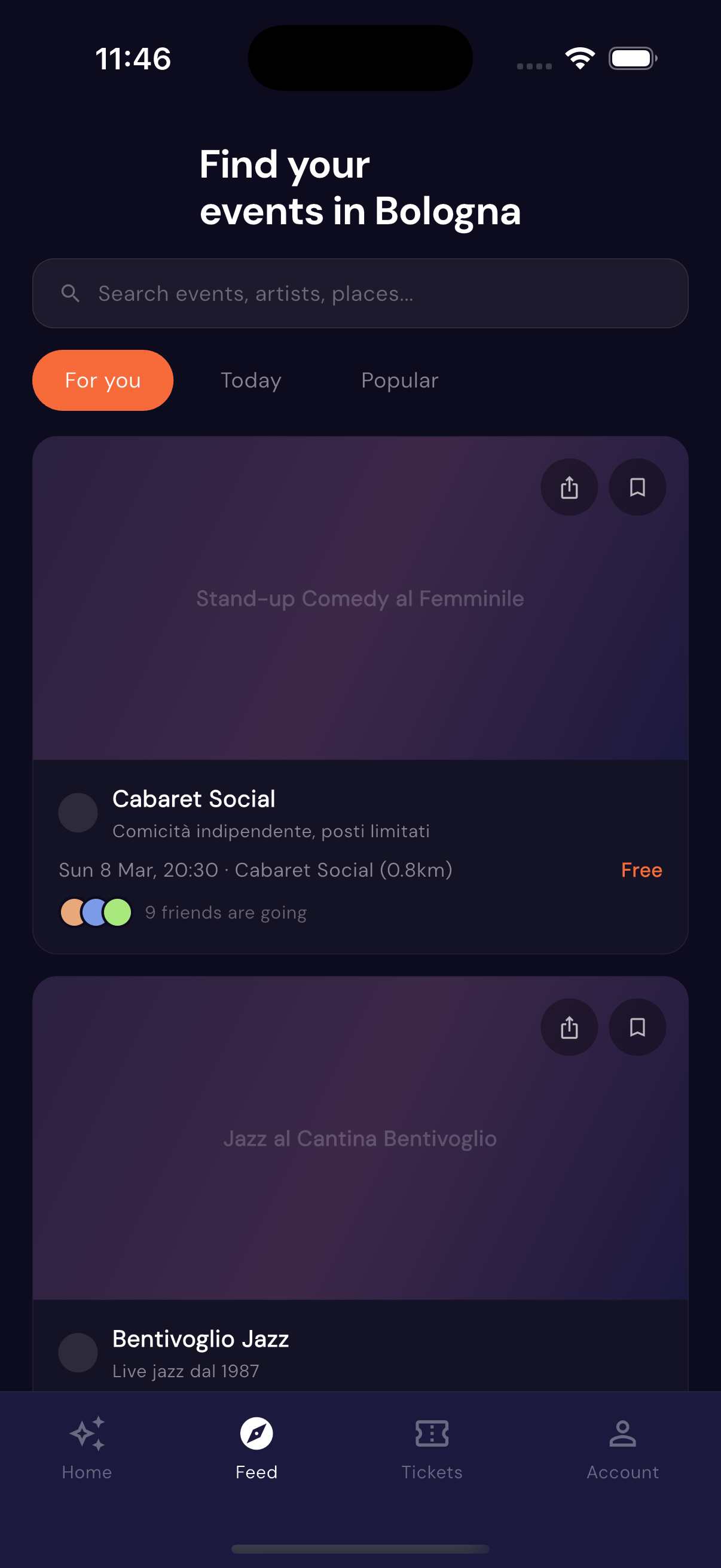 Bloop's mobile feed of live events across the city.