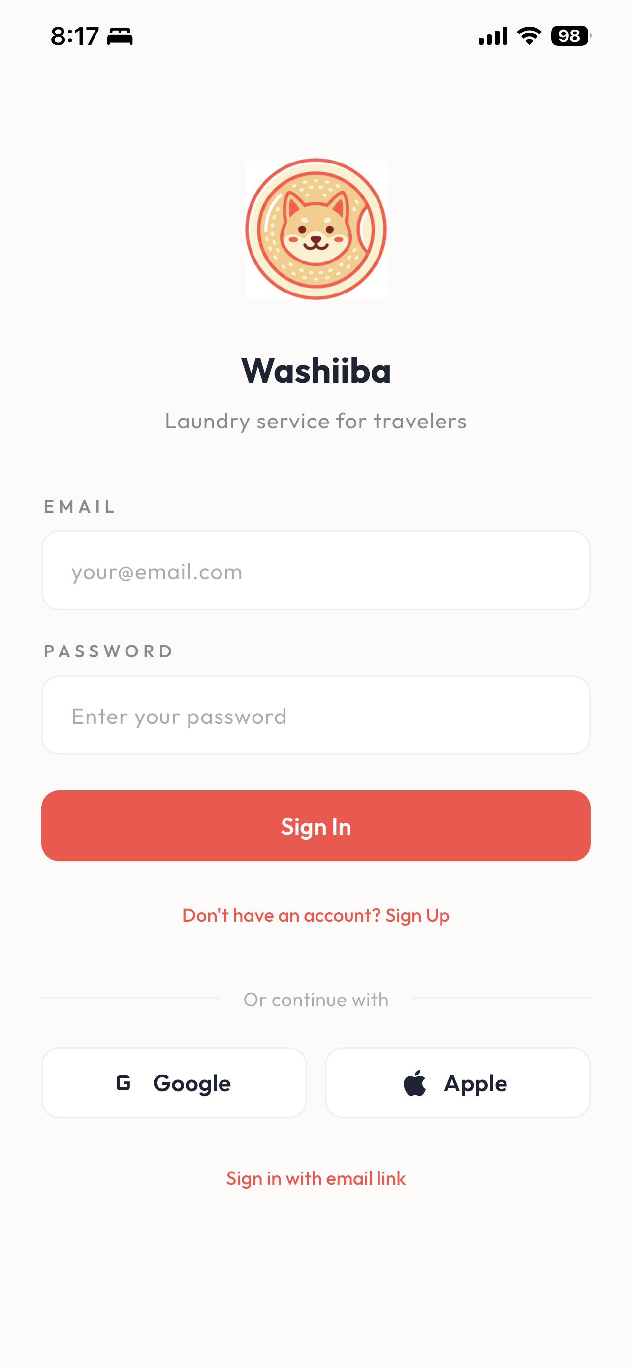 Signing in to Washiiba on mobile.