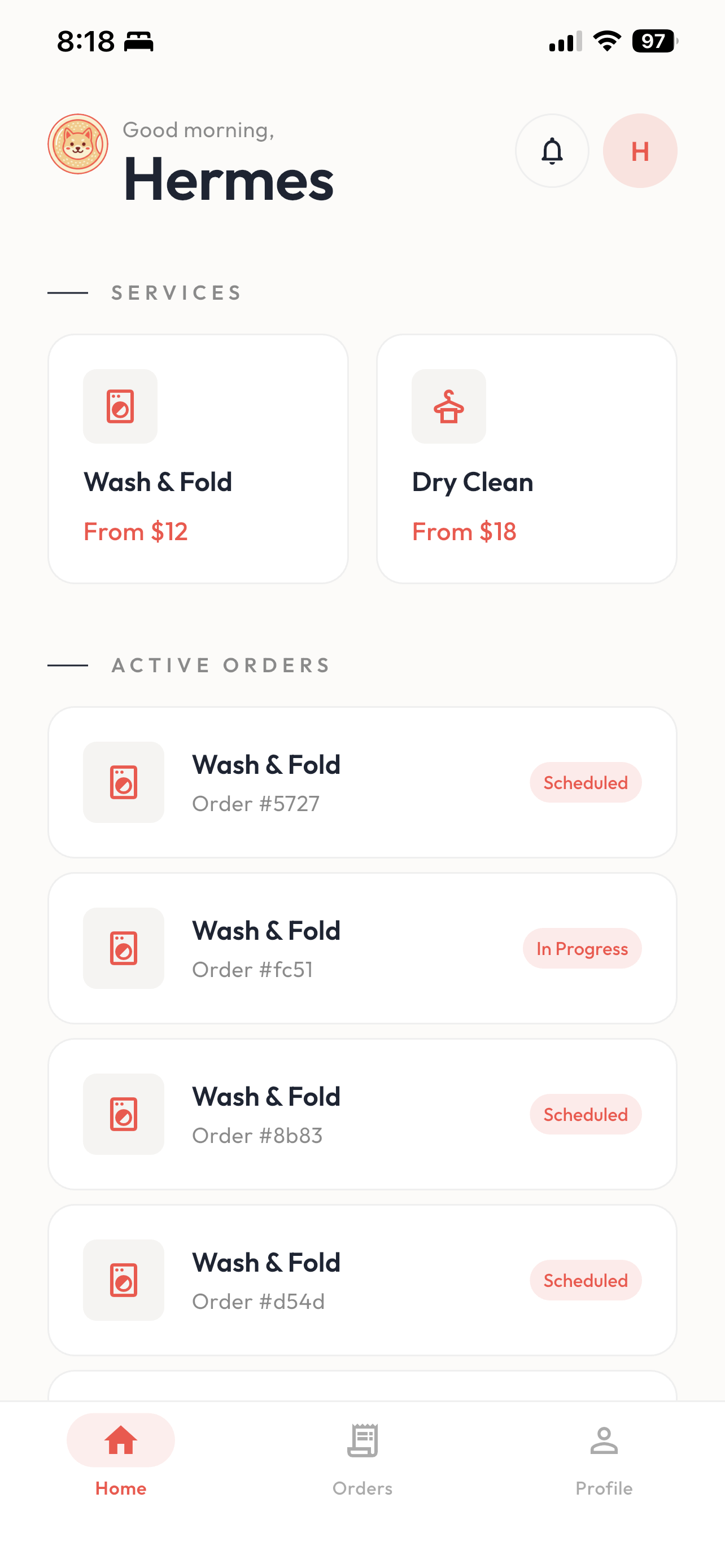 The Washiiba home screen on mobile with services to book and a list of active orders.
